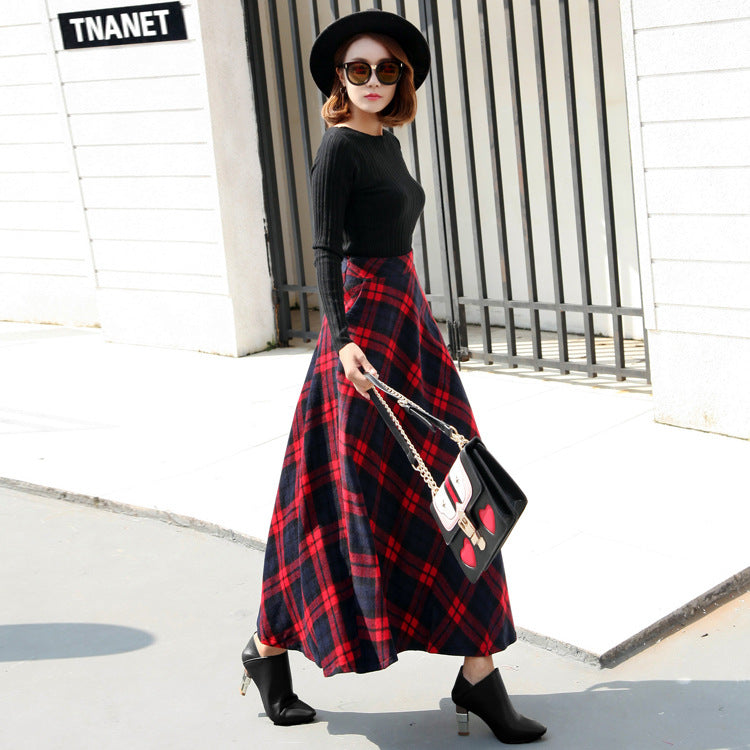 Vintage High-Waisted Plaid Wool Midi Skirt (Autumn/Winter)